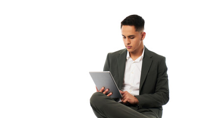 young latin entrepreneur man using tablet to manage his business