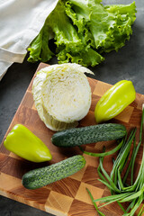 Green Vegetables on Wooden Cutting Board, Organic Food Concept