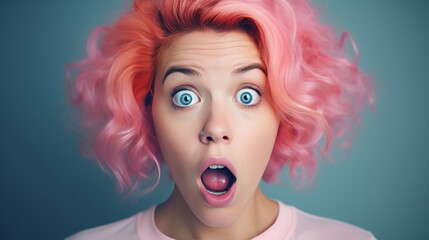 Girl with pink hair with an emotion of surprise on her face. Neural network AI generated art
