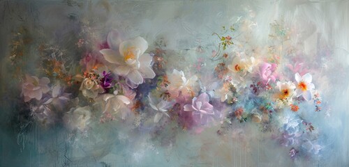 Obraz na płótnie Canvas Ethereal flowers seem to bloom in a spectral dance across a wall, their delicate forms and subtle colors creating a captivating and dreamlike floral composition.