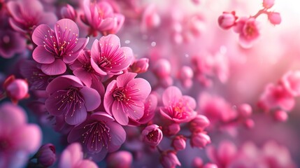  a close up of a bunch of pink flowers on a tree branch with a blurry background of pink flowers.