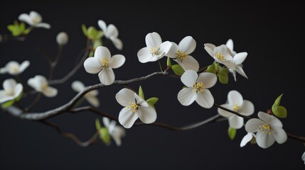 Obraz premium a close up of a branch with white flowers on it and green leaves on the end of the branch, against a black background.