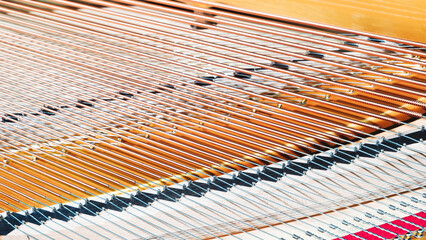 Interior of grand piano with strings.