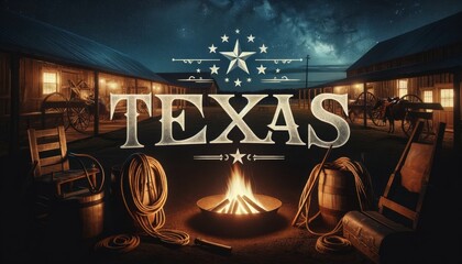 Night Camp in Texas with Starry Sky | Western Cowboy Scene - obrazy, fototapety, plakaty