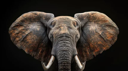 Foto op Canvas  a close up of an elephant's head with tusks and wrinkled skin on a black background. © Anna