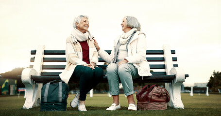Women, bench or old people talking in park or nature speaking or bonding together in retirement...