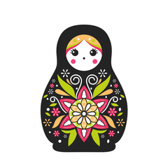 Matryoshka doll wearing black floral dress with flower decoration, Russian folk craft nesting doll, Babushka doll, Russian dolls