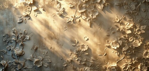 Muted tones and soft lighting enhance the elegance of a wall covered in intricate floral patterns, creating a sophisticated and timeless composition frozen in a moment.