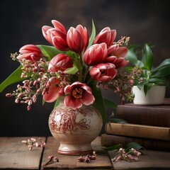 A tulip bouquet with March 8 inscription. Happy March 8th. Women's Day. Mother's Day. Happy Easter