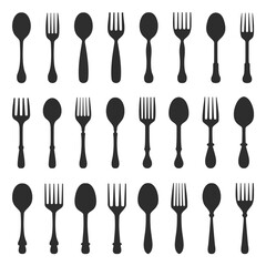 Fork and spoon,set of black illustration of various eating utensil