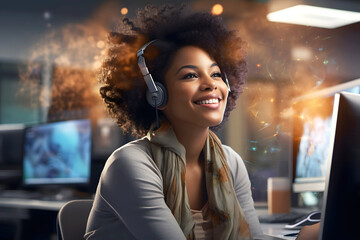 African woman in headphones listens to music emotionally