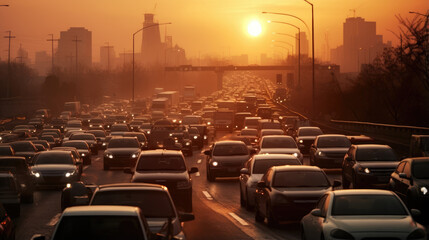 Traffic jam on the highway at sunset. Generative AI.