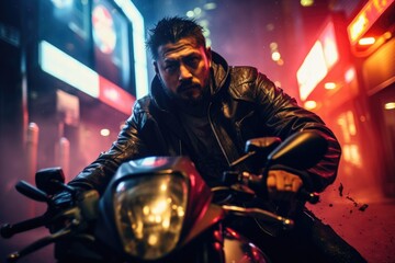 A man in leather jacket riding a motorcycle at night. Generative AI.