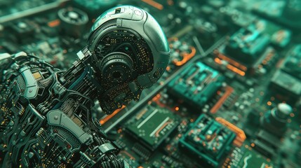 Futuristic artificial intelligence concept with blurred human face and glowing circuit board and chips background