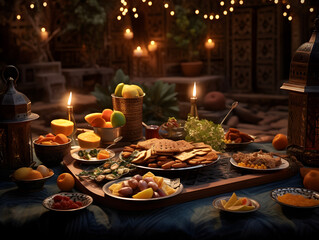 Full table with traditional islamic food at evening, ramadan celebration concept 