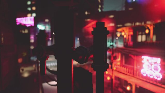 A Glimpse of the Vibrant Nightlife: Neon Lights Illuminating an Asian City Street