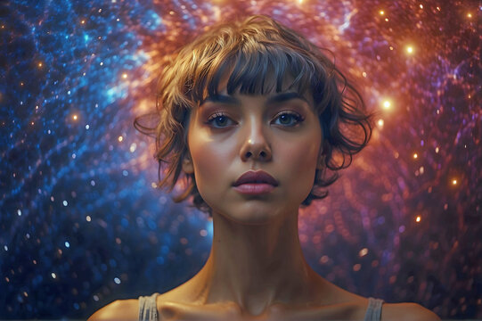 Beautiful Pixie Hair Woman in an Ethereal State Multi Color Galaxy Background Generative AI