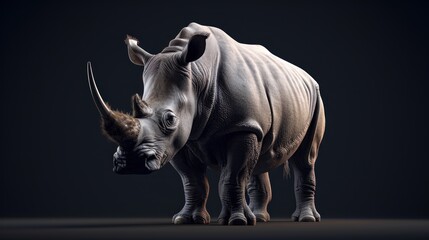 Obraz premium a rhinoceros standing on a black background with it's head turned to the side and it's nose slightly open.