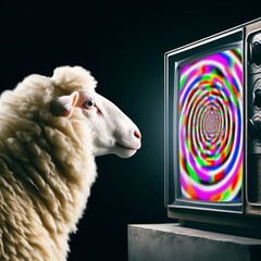 Ein Schaf schaut hypnotisiert Fernsehen vor schwarzem Hintergrung - obrazy, fototapety, plakaty