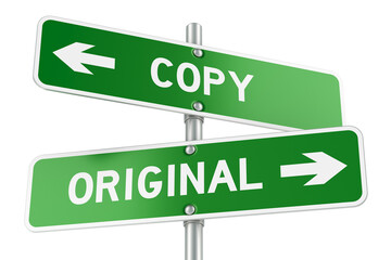 Copy or Original. Opposite traffic sign, 3D rendering isolated on transparent background