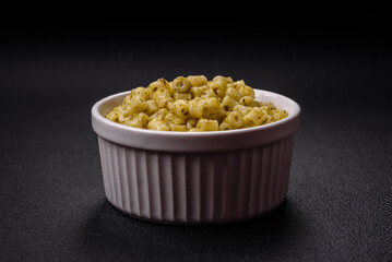 Delicious ditali pasta from durum wheat with salt and spices