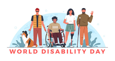 World disability day. People group with prosthetics, walking stick, wheelchair against globe background, guide dog, banner or poster design, cartoon flat isolated nowaday vector concept