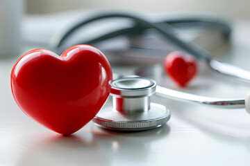 Heart health concept with red heart and stethoscope on light reflective background. Cardiology and healthcare symbolized by heart 3D model and medical tool