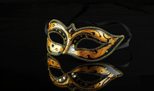 venetian carnival mask with golden glitter on reflective black background