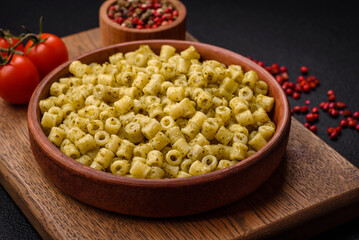 Delicious ditali pasta from durum wheat with salt and spices