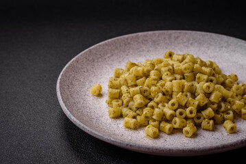 Delicious ditali pasta from durum wheat with salt and spices