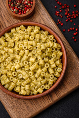 Delicious ditali pasta from durum wheat with salt and spices