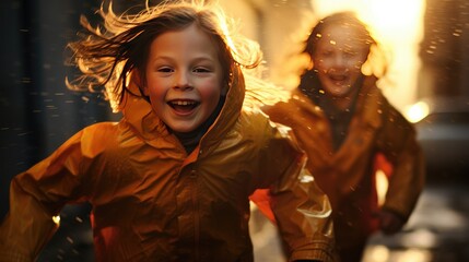 Happy smiling children in peach raincoat and rain boots running
