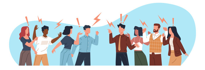 Two groups of people arguing and fighting. Angry men and women team confrontation. Aggressive male and female characters shouting, Cartoon flat style isolated vector conflict concept