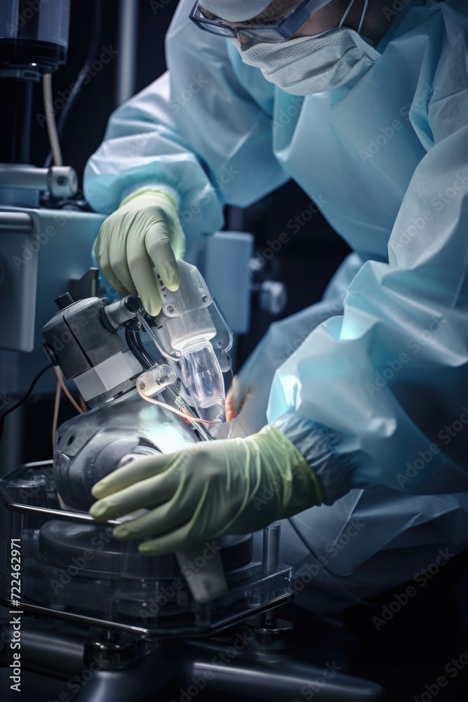 Poster a person in a lab coat and gloves working on a machine. suitable for scientific and laboratory-theme