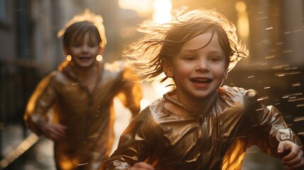 Fototapeta premium Happy smiling children in peach raincoat and rain boots running