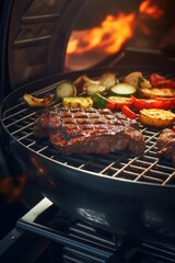 A delicious steak and vegetables cooking on a grill. Perfect for BBQ parties and outdoor dining