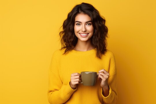 A woman in a yellow sweater holds a cup of coffee. This image can be used to depict relaxation, morning routines, or coffee lovers enjoying their favorite beverage