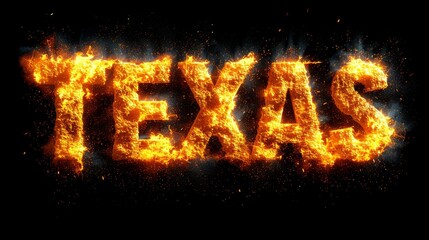 Fiery Texas Text on Black Background | Blazing Lettering Design - obrazy, fototapety, plakaty