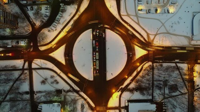 Transport traffic on interchange at Bela Kun square in winter 