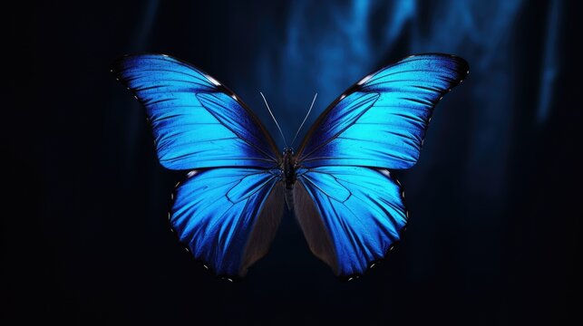 A large blue butterfly perched on a black surface. Perfect for nature enthusiasts or anyone looking for a striking image of a butterfly.