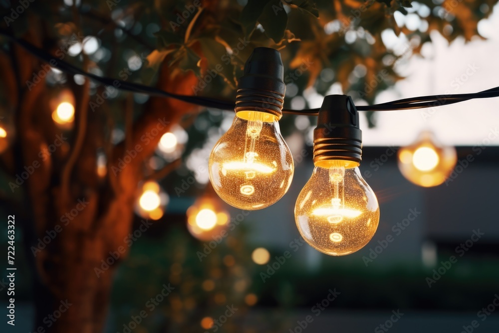 Aufkleber A string of light bulbs hanging from a tree. Perfect for adding a festive touch to outdoor events