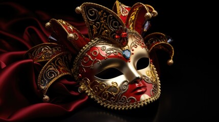 A vibrant red and gold mask rests on a rich red cloth. Perfect for masquerade parties or theatrical productions