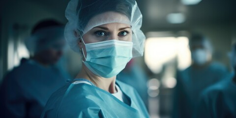A woman wearing a surgical mask in a hospital. Can be used to depict healthcare, illness, protection, or medical professionals.