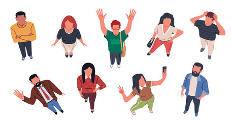 People looking up. Top view standing city persons, men and women look up and wave, surprised characters in flat style, pointing with finger and watching, making selfie, nowaday vector set