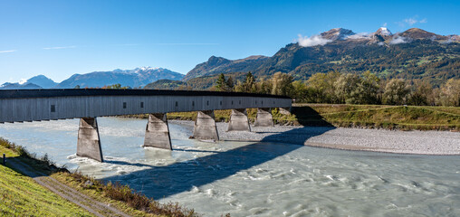 The historic old Rhine bridge between Liechtenstein and Switzerland