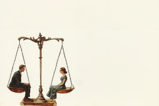 Journ&eacute;e internationale des femmes et des droits des femmes. Egalit&eacute; homme / femme.  8 mars journ&eacute;e internationale de la femme. 1 femme et un homme assis sur les plateaux d'une balance Concept &eacute;galit&eacute;