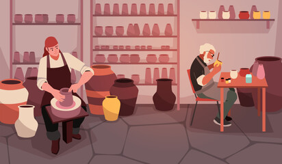 People hobby. Professional potters in workshop at work, making pottery process, master and student, craft learning, craftsman in creative art studio, cartoon flat tidy vector concept - obrazy, fototapety, plakaty