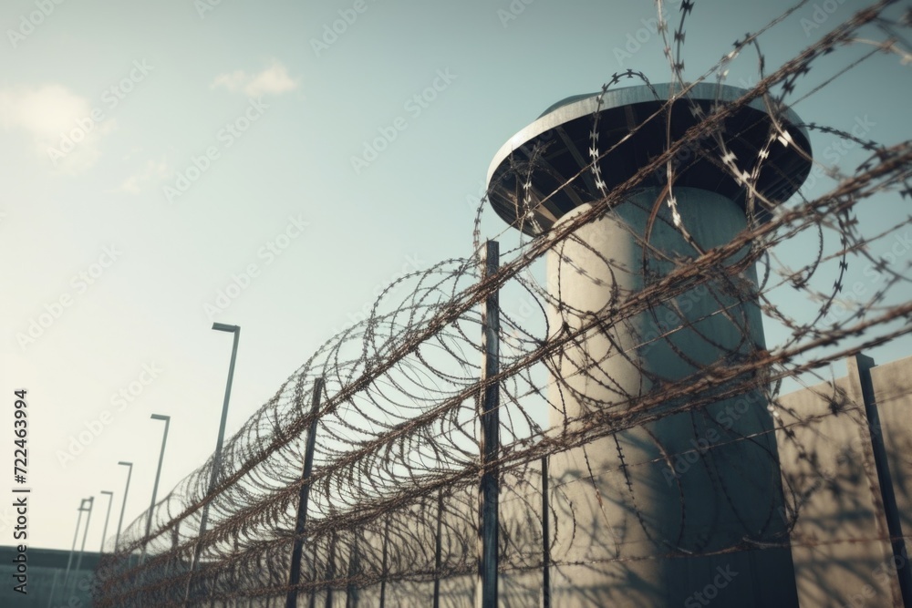Poster a picture of a fence with barbed wire and a tower in the background. suitable for illustrating secur
