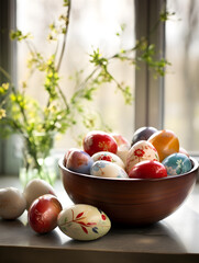 Colorful easter eggs in a wooden bowl on kitchen table, blurry bright window background 