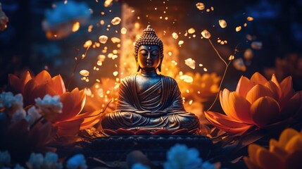 A serene Buddha statue adorned with vibrant flowers and illuminated by soft lights. Perfect for...